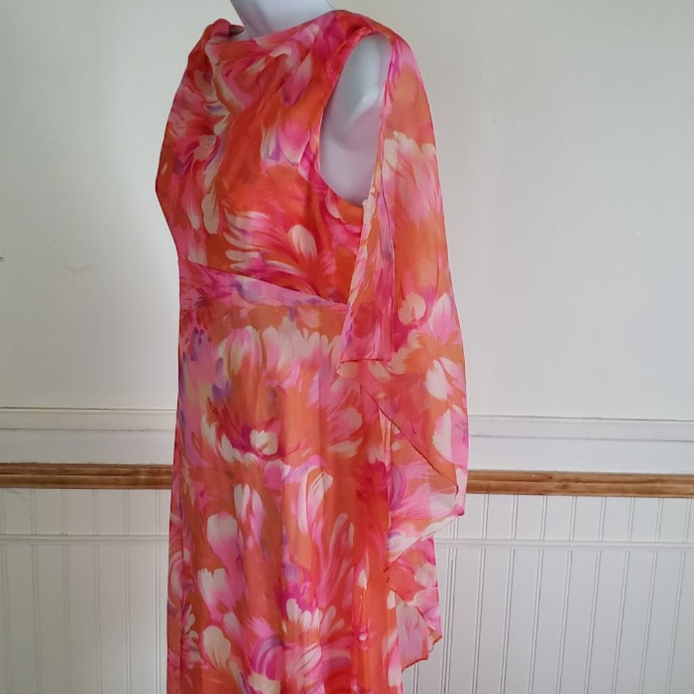 SOLD Vtg 60s Maxi Dress Women's Size 12 Watercolor Floral Pink Orange Capelet - Picture 10 of 13
